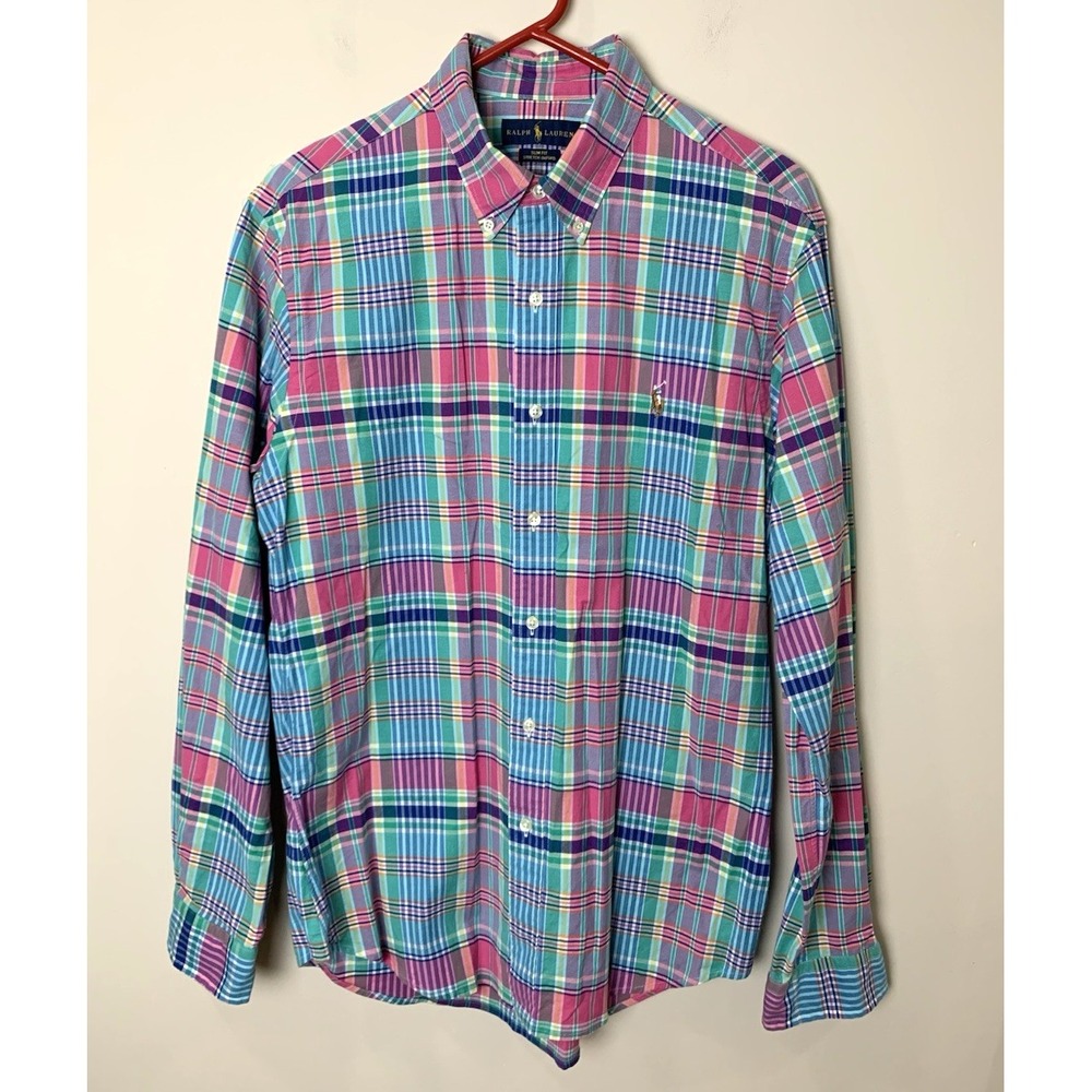 Ralph Lauren Button Down Shirt Mens Large Pink Plaid Slim Fit Stretch Oxford
